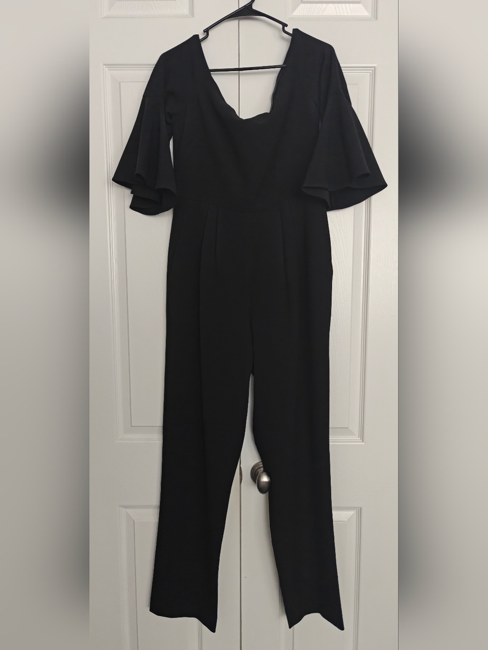 Eliza J Black V-Neck Jumpsuit with Flutter Sleeves,Size 10